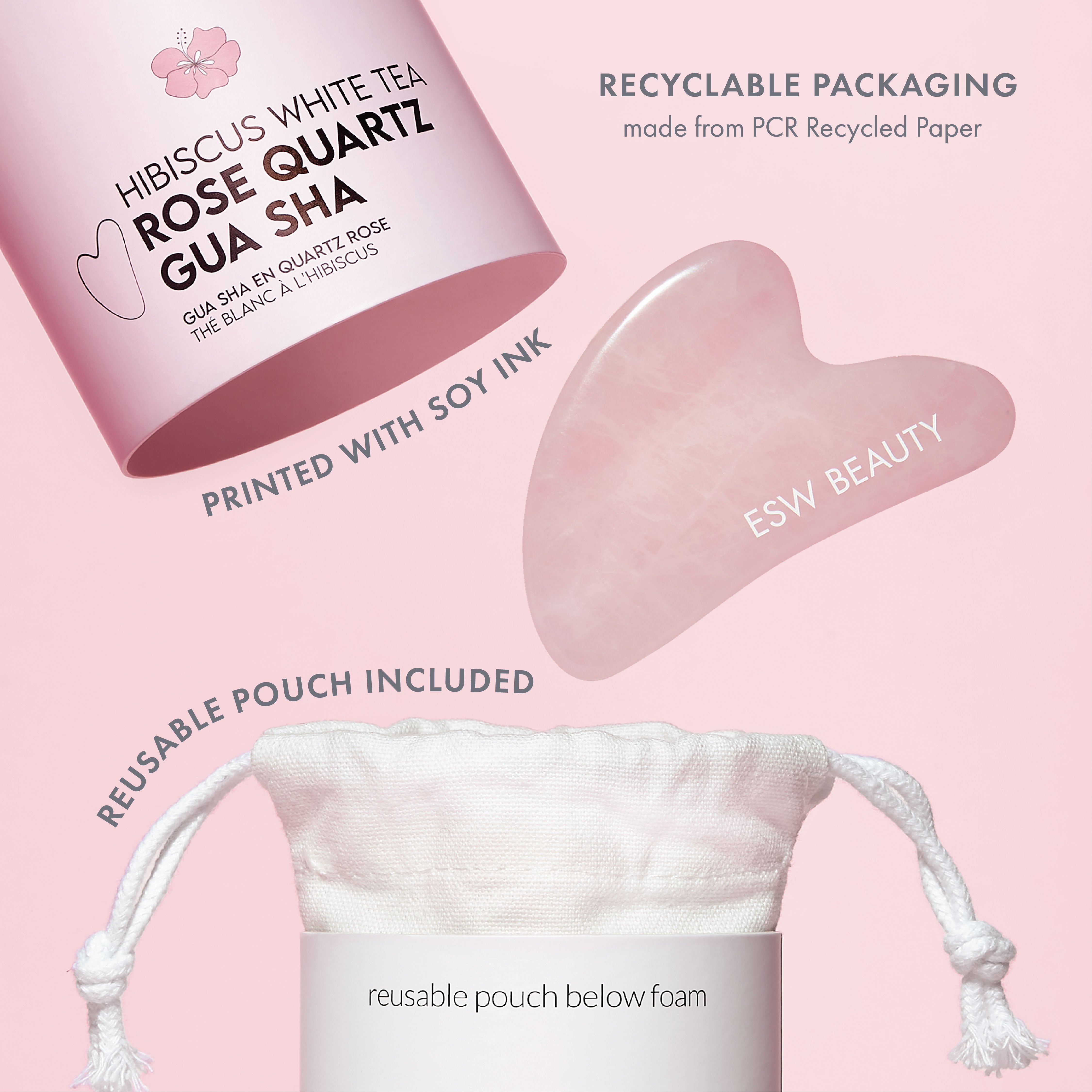 Hibiscus White Tea Rose Quartz Gua Sha | ESW Beauty
